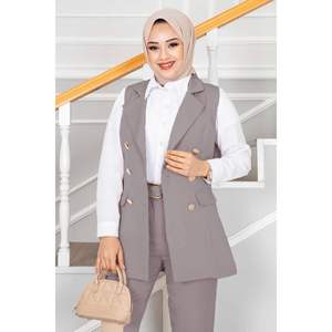 Collar de pañuelo Chaleco Hijab detallado Conjunto de 2 piezas Gris claro - Product Image 1