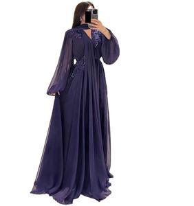 Robe de bal en mousseline de soie violette pour femmes, col en V, manches longues perlées, robe trapèze pour soirée avec enveloppes, robes d'invitées de mariage - Product Image 1