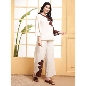 DEEBACO Women's Solid Off <b>White</b> Cotton Embroidered Patch Work Co-Ord <b>Set</b> Boat Neck Flared Sleeves Top and Ankle Length Trouser - Product Image 6