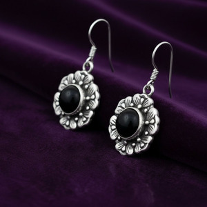925 Sterling Silver Floral Drop <b>Earrings</b> <b>Black</b> Onyx Stone | Gold Trendy <b>Dangle</b> <b>Earrings</b> for Women | Party Jewelry Wholesale - Product Image 3
