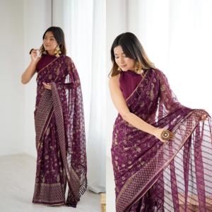 Sari liso de seda Georgette suave con lámina y encaje pequeño y encaje zalar adjunto perfecto para todas las ocasiones - Product Image 4