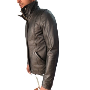 Veste en cuir marron pour homme sur mesure avec col montant et boutons-pression, service OEM, veste en cuir pour homme - Product Image 3