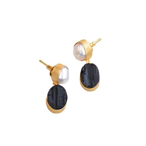 Perle mit schwarzen Turmalin-Ohrringe Schwarz Feiner Modeschmuck Tropfen ohrring Handgemachter minimalisti scher Ohrring lieferant Großhandel