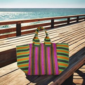 Sacs de plage en nylon recyclé avec poche pour bouteille Sacs de plage à rayures en plastique recyclé fabriqués en Inde - Product Image 2