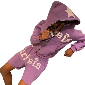 Custom French Terry 3D Puff Printing Cool Colourful <b>Combat</b> Distressed Embroidery Rhinestone Patchwork Hooded Hoodie <b>Shorts</b> Track - Product Image 5