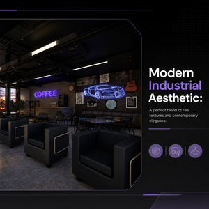 Meubles de café automobiles complets avec banquette industrielle sombre, canapé lounge modulaire et enseigne néon pour salon de lavage de voitures - Product Image 2