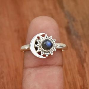 แหวนพระจันทร์เสี้ยวลาบราดอไรต์ธรรมชาติ925เงินแท้ประดับด้วยลูกปัดอัญมณีทรงกลมของขวัญแฮนด์เมด - Product Image 3