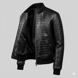 Blouson aviateur en cuir noir de luxe - Imprimé gaufré Streetwear Blouson d'hiver - Coupe-vent et écologique - Product Image 3