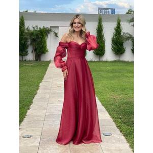Yıldızlar da donna con cinturino in corda con collo a barca trasparente sui lati drappeggiato abito da sera in Organza Kiloş Cm55930 55930 - Product Image 2