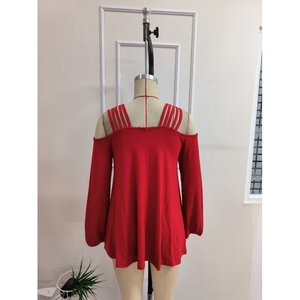Women'<b>s</b> Long-Sleeved Viscose <b>Blouse</b> with Off-Shoulder Stripe Detail, 38163 - Red - Product Image 6