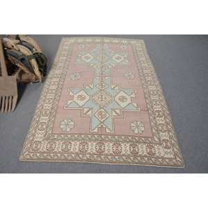 พรมตุรกีวินเทจคลาสสิกสีชมพูสีฟ้า4.6 x 7.3ft พื้นที่ขนาดใหญ่ผ้าขนสัตว์ด้านหลังเป็นนามธรรมรูปสี่เหลี่ยมผืนผ้าการออกแบบห้องโถงสำหรับห้องพัก - Product Image 1