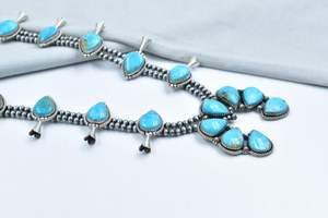 Kingman Turquoise Squash Blossom Necklace In Sterling <b>Silver</b> With <b>20</b> <b>Inch</b> Adjustable <b>Chain</b> Handmade Jewelry - Product Image 3
