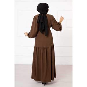 Brown Balloon Sleeve Zippered <b>Abaya</b> Modest Muslimah Daily Wear Vintage Fashion Empire Waistline Solid Embroidery Floor-Length - Product Image 2