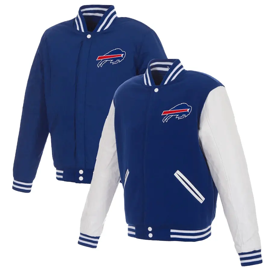 Trending Unisex Buffalo Bills NFL Pro Line Branded Blue/White Reversible Fleece Full-Snap Jacket with Faux Leather Sleeves