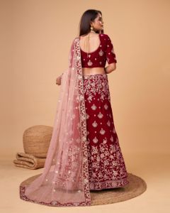 Trendmalls Lehenga Choli pour femme en velours brodé coupe trapèze avec dupatta en tulle (L79-Maroon) Écologique Lavable - Product Image 1