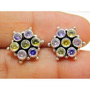 Boucles d'oreilles en argent sterling 925 Dainty Multi Gemstone Stud E0062-GS cadeau de bijoux de mariage minimaliste - Product Image 3