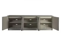 Console multimédia longue - Meuble TV moderne extra-large au style glamour avec transition tonale fluide et détails miroir