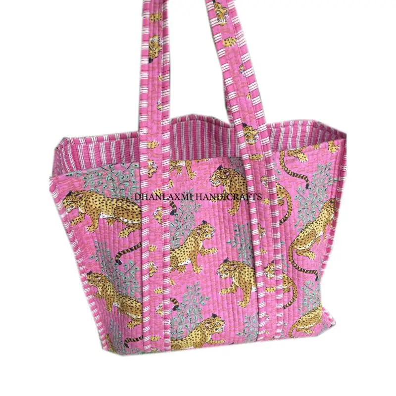 Tas tangan katun India wanita, tas belanja buatan tangan, tas tangan gaya Bohemian motif macan untuk wanita