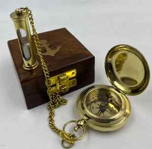Brújula de reloj de sol de latón del oeste de Londres, brújula de trabajo marina, pantalla de puntero de cuerpo de madera para acampar al aire libre - Product Image 1