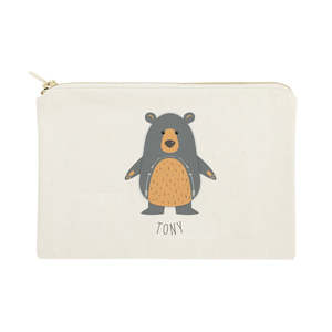 Personalized Name Cotton Canvas Cosmetic Bag Fashionable Lady Style Bear Pattern <b>Makeup</b> <b>Case</b> Zipper Blank Letter Available - Product Image 1