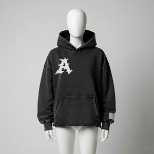 Sin bolsillo Sun Faded Cut Edge Custom Acid Wash Recortada Sudaderas con capucha Hombres Raw Hem Applique Parche desgastado Bordado Sudaderas con capucha - Product Image 2