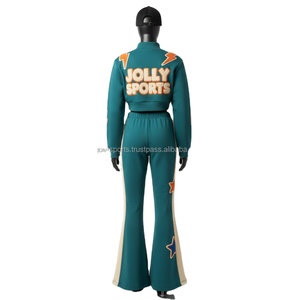 Survêtement pour femme en molleton de coton et polyester de luxe, 330 GSM, design à panneaux contrastés en teal avec logo en chenille surélevé, tailles plus grandes - Product Image 2