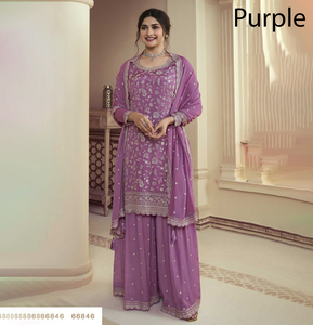 Salwar Kameez Morado para Mujer, de Rayón, Bordado, Traje Tradicional Étnico para Boda, India, Pakistán, Corte Holgado, Largo hasta el Suelo - Product Image 1