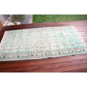 Alfombra Turca de 3.2x6.6 pies, Alfombra de Lana Vintage con Diseño Floral Azul - Product Image 3