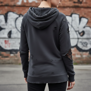 Sudadera con Capucha Personalizable para Mujer, Color Gris Carbón Desgastado, Adornos de Imperdible en la Parte Delantera, Transpirable, Ecológica, con Dobladillo sin Rematar - Product Image 2