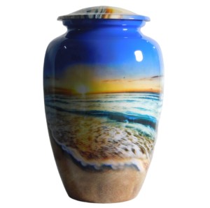 Urnas de Cremación de Aluminio con Diseño de Atardecer en la Playa, Urnas Metálicas Clásicas para Funerales, Urnas para Cenizas de Venta Caliente de la India - Product Image 1