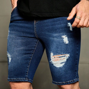 กางเกงขาสั้นผู้ชายสีน้ำเงินเข้มเข้ารูปคุณภาพสูงผ้าเดนิมผ้าฝ้าย100% สไตล์ฮิปฮอปเอวยางยืดรัดรูปมีรูขาดรายละเอียดพู่ - Product Image 6