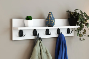 <b>Wall</b> <b>Mounted</b> Wooden <b>Shelf</b> with Hooks Entryway Coat Rack Decorative <b>Wall</b> Organizer White Color - Product Image 3
