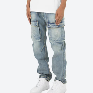 กางเกงคาร์โก้สำหรับผู้ชายกางเกงยีนส์ขาตรงวินเทจทรงหลวมสไตล์ฮิปฮอปแฟชั่นพิมพ์ลายเอวกลางกระเป๋าตกแต่ง - Product Image 4