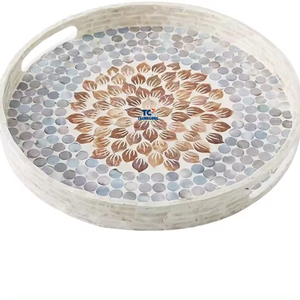 Bandejas redondas de nácar de lujo hechas a mano Bandeja de servicio de gama alta con incrustaciones de flores preciosas - Product Image 1