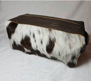 GENUINE HANDCRAFTED BLACK COLOUR GENUINE STYLISH AND DURABLE COSMETIC BAG BLACK AND WHITE PRINT COWHIDE TOOLING LEATHER BAG - Product Image 2