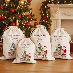 Personalized Large <b>Canvas</b> <b>Drawstring</b> Gift <b>Bag</b> Santa Claus Christmas Tree Theme Name Title for Family Friends' Gifts Christmas - Product Image 1