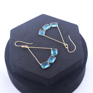 Minimalist baguette shape gemstone dangle <b>earring</b> swiss blue hydro quartz drop dangle <b>earring</b> brass gold plated handmade <b>earring</b> - Product Image 5
