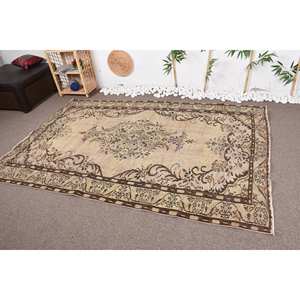 Alfombra turca vintage clásica, beige, marrón, 5,2x8,1 pies, área grande de lana con respaldo de látex, patrón de retazos para pasillo de dormitorio - Product Image 3