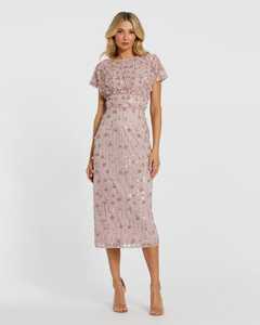 Robe de soirée maxi à col bateau, droite, courte, brodée de perles, à manches courtes, taille naturelle, en crêpe, style de fête, décoration de perles - Product Image 5