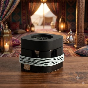 Brûleur d'encens en bois de santal fait main, finition noire mate avec enroulement en ficelle blanche, usage religieux et aromatique, toutes saisons - Product Image 1