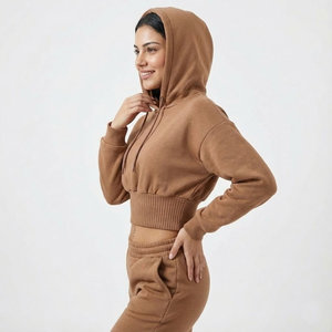 Ventes en gros de sweats à capuche pour femmes à taille haute et à coupe courte, ourlet côtelé large, épaules tombantes, manches bouffantes, sweats en molleton de coton sur mesure - Product Image 2