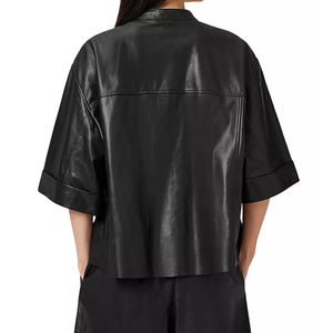 Camisa de Cuero Genuino de Manga Corta Estilo Vintage para Mujer, Color Sólido, Ligera y Cómoda de Usar - Product Image 2