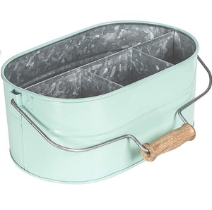 Farmhouse-Style Galvanized Iron Serving <b>Caddy</b> <b>Wooden</b> Handle Rustic Tabletop Organizer Featuring Oval Compartments for Cutlery. - Product Image 5
