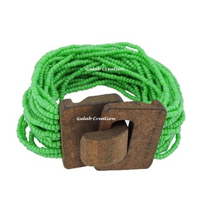 Pulsera de hilo ancho multicapa, cuentas de madera de vidrio verde hierba, brazalete de moda ligero de 19cm para joyería de declaración étnica Bohemia - Product Image 1