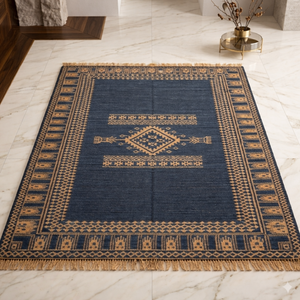 Tapis Kilim Dhurrie bleu marine moderne, fait main, écologique, en laine/soie, avec support en jute antidérapant, tissage plat géométrique tribal pour la maison - Product Image 2