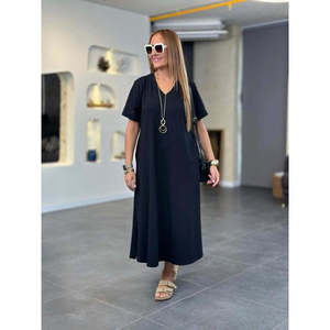 Robe longue en viscose à manches courtes et col en V pour femme avec détail poche, 24160 - Noir - Product Image 3