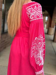 Exclusive Ukrainian Embroidered Full Balloon Sleeves Pink Color Knee Length Embroidery <b>Dress</b> Cheap Cotton Embroidered <b>Dress</b> - Product Image 4