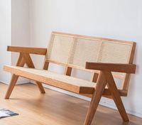MANISH ART HANDICRAFTS Banc trois places en bois massif avec rembourrage en mousse, dossier coussiné, style Mid-Century Modern, pour salon et mobilier de parc