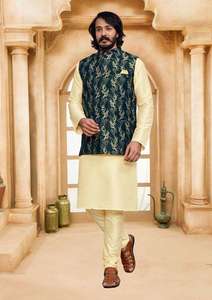 Mens Heavy Look Kurta Pyjama Set With Stylish Koti In Silk Kurti For Festive And Wedding Wear - Product Image 4
