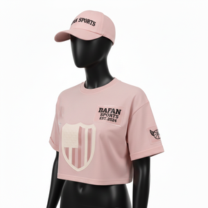 Women Crop Top Premium Cotton Polyester Jersey Fabric 180GSM Soft <b>Blush</b> Pink Custom Woven Patch Logo Women Crop top Shirt Cotton - Product Image 5